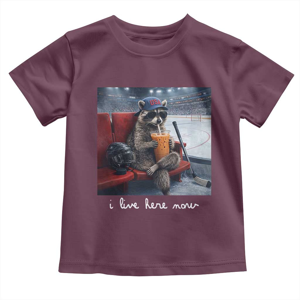 Hockey Mom Raccoon Iced Coffee Toddler T Shirt I Live Here Now TS14 Maroon Print Your Wear