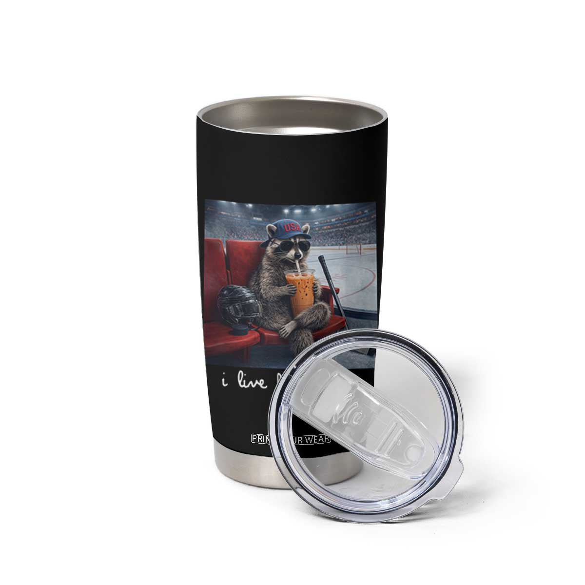 Hockey Mom Raccoon Iced Coffee Tumbler Cup I Live Here Now TS14 Print Your Wear