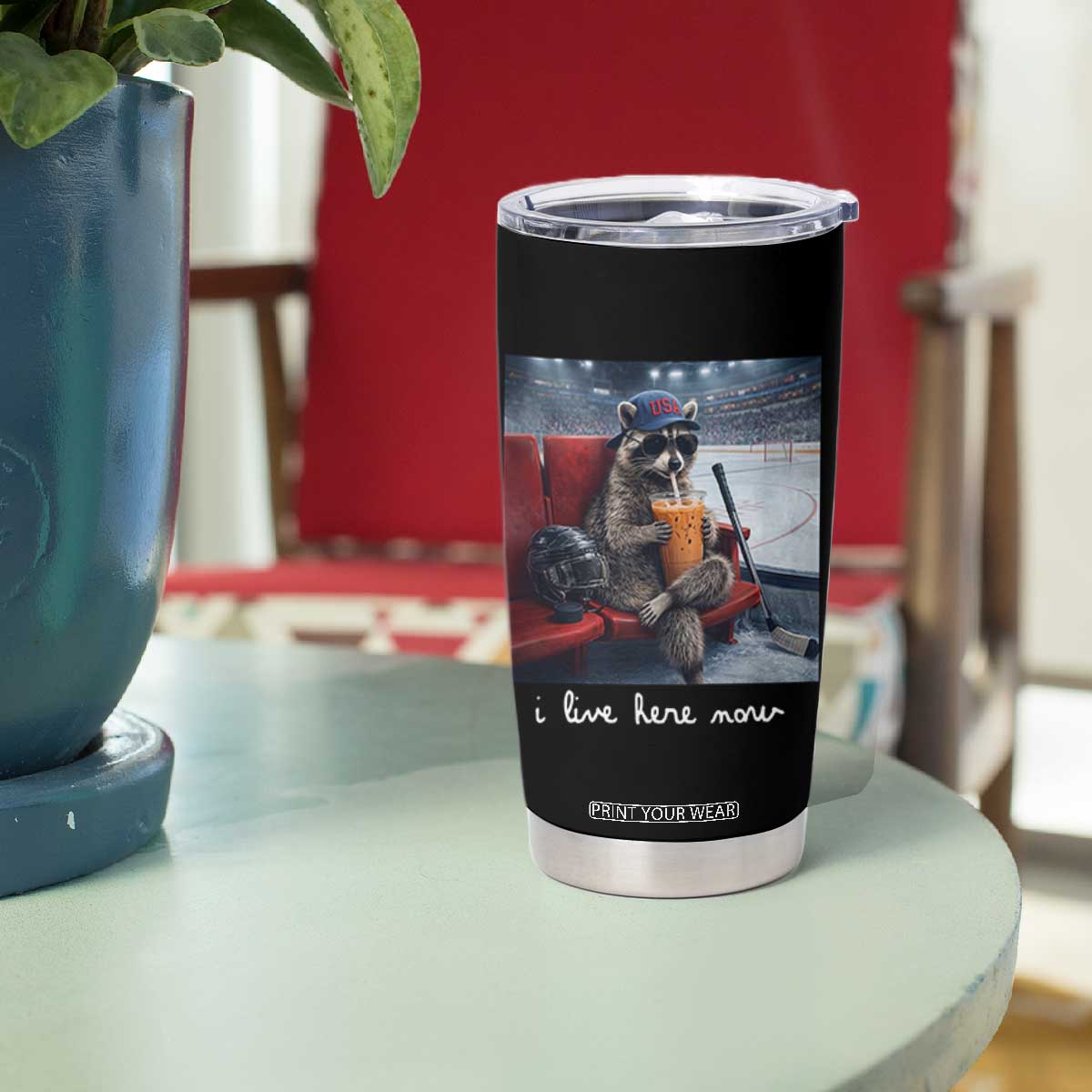 Hockey Mom Raccoon Iced Coffee Tumbler Cup I Live Here Now TS14 Print Your Wear