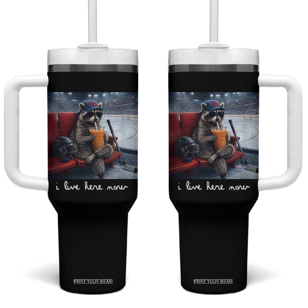 Hockey Mom Raccoon Iced Coffee Tumbler With Handle I Live Here Now TS14 One Size: 40 oz Black Print Your Wear