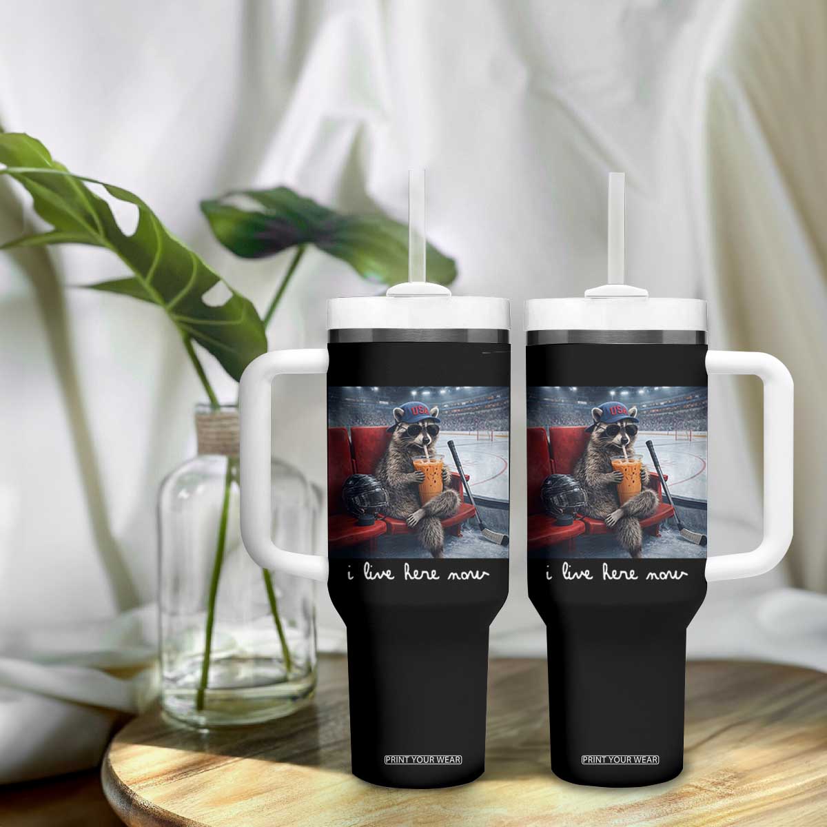 Hockey Mom Raccoon Iced Coffee Tumbler With Handle I Live Here Now TS14 Print Your Wear