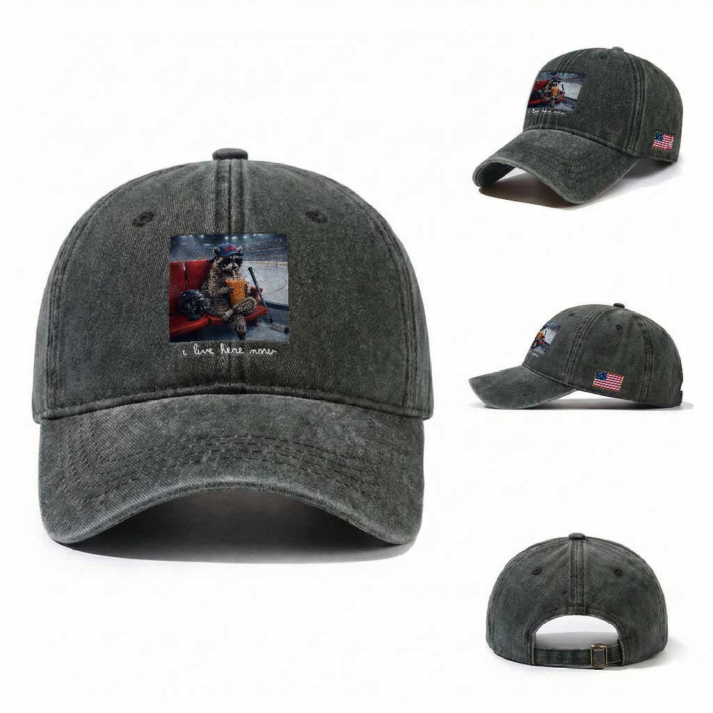 Hockey Mom Raccoon Iced Coffee Washed Cotton Baseball Cap I Live Here Now TS14 Washed Cap Universal Fit Dark Green Print Your Wear