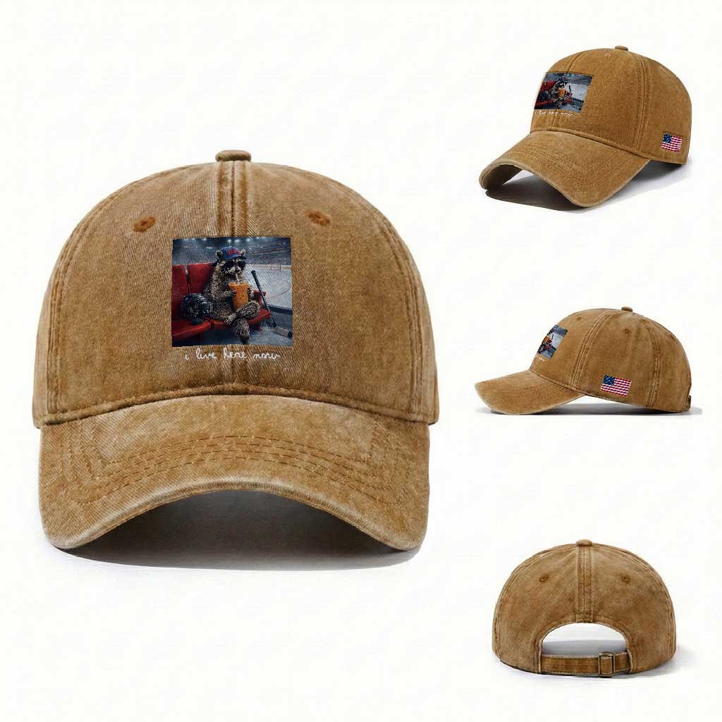 Hockey Mom Raccoon Iced Coffee Washed Cotton Baseball Cap I Live Here Now TS14 Washed Cap Universal Fit Yellow Ochre Print Your Wear