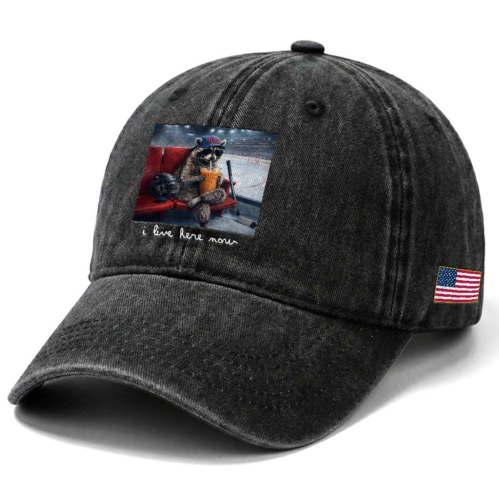Hockey Mom Raccoon Iced Coffee Washed Cotton Baseball Cap I Live Here Now TS14 Print Your Wear