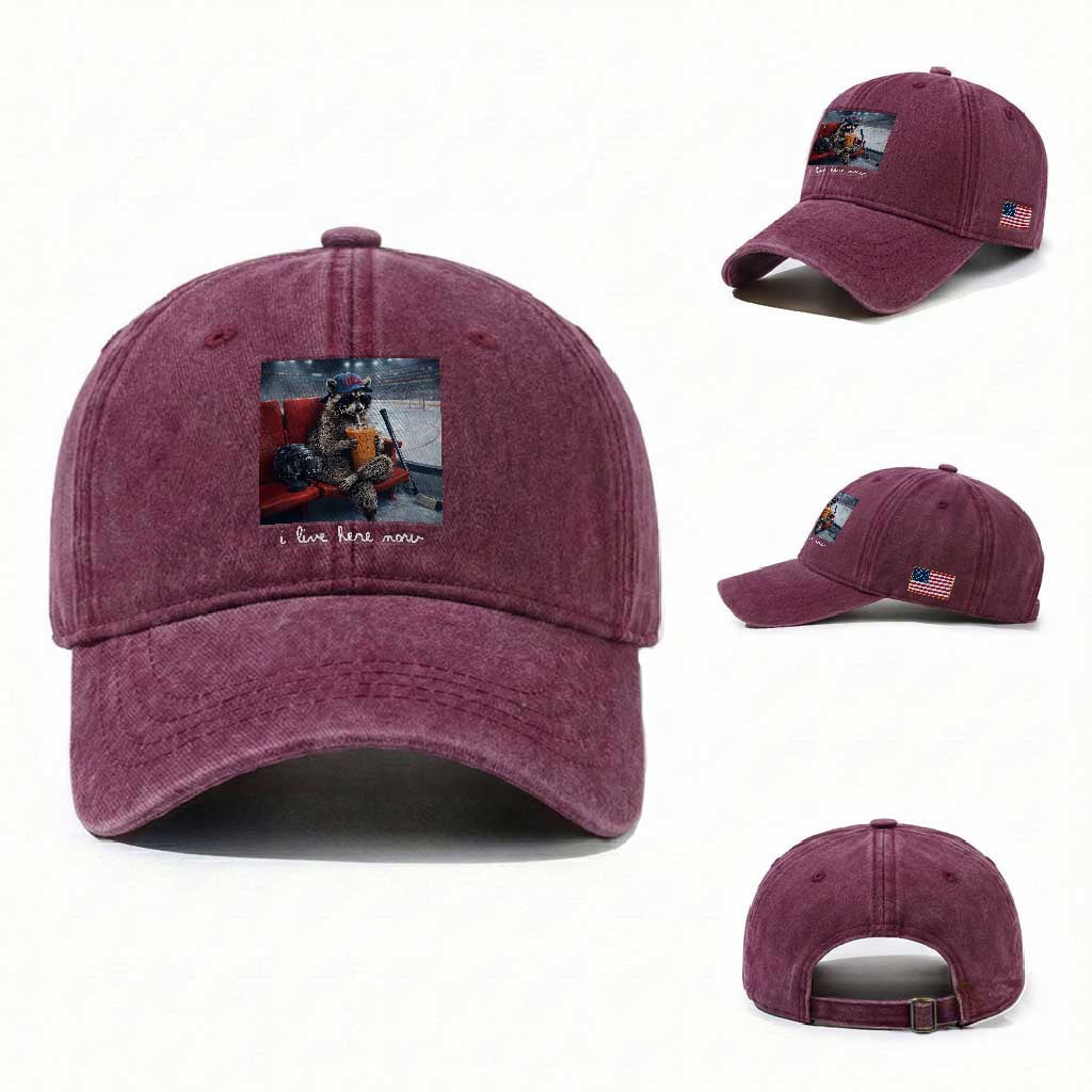 Hockey Mom Raccoon Iced Coffee Washed Cotton Baseball Cap I Live Here Now TS14 Washed Cap Universal Fit Burgundy Print Your Wear