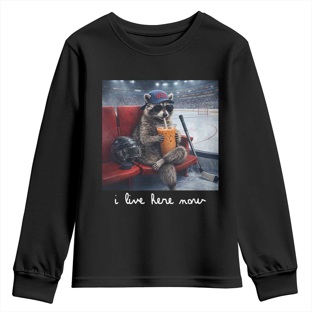 Hockey Mom Raccoon Iced Coffee Youth Sweatshirt I Live Here Now TS14 Black Print Your Wear