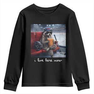 Hockey Mom Raccoon Iced Coffee Youth Sweatshirt I Live Here Now TS14 Black Print Your Wear