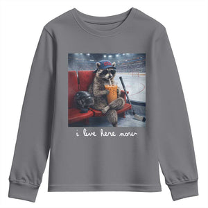Hockey Mom Raccoon Iced Coffee Youth Sweatshirt I Live Here Now TS14 Charcoal Print Your Wear