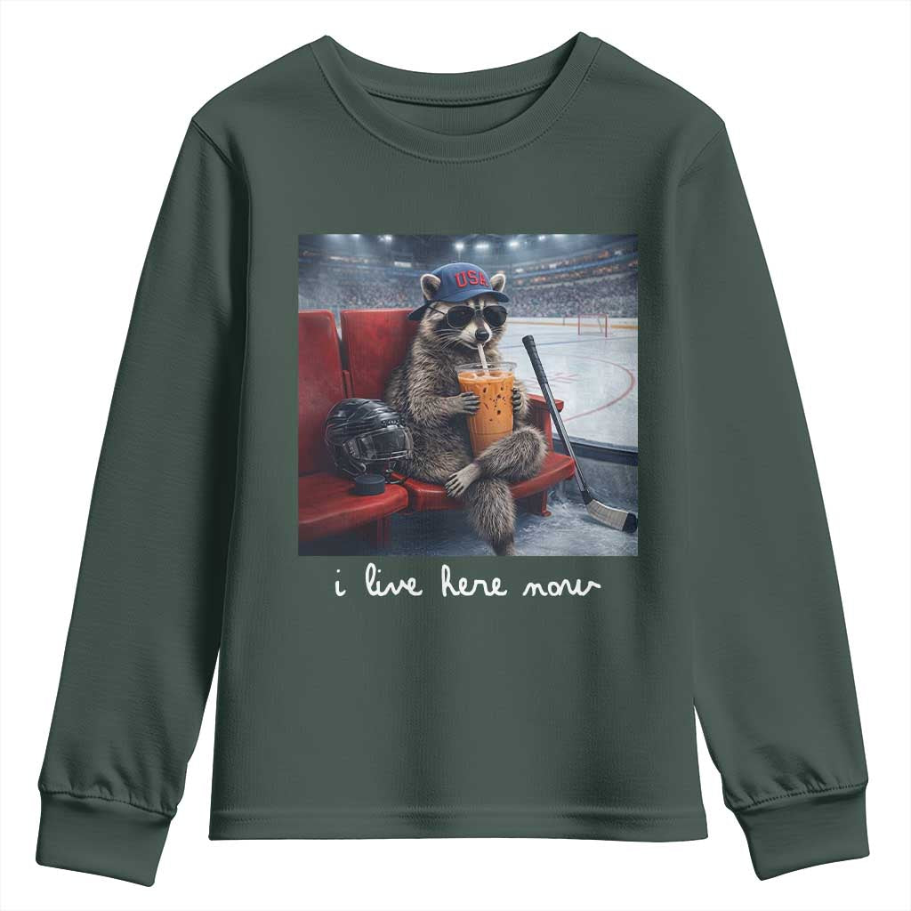 Hockey Mom Raccoon Iced Coffee Youth Sweatshirt I Live Here Now TS14 Dark Forest Green Print Your Wear