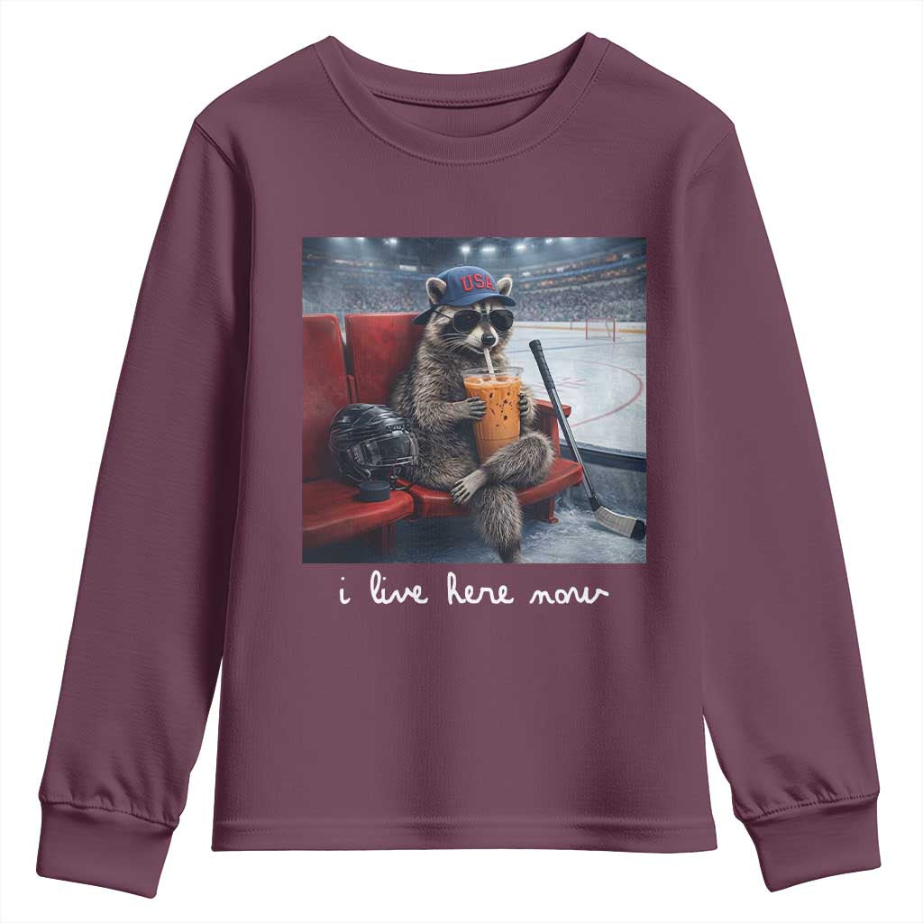 Hockey Mom Raccoon Iced Coffee Youth Sweatshirt I Live Here Now TS14 Maroon Print Your Wear