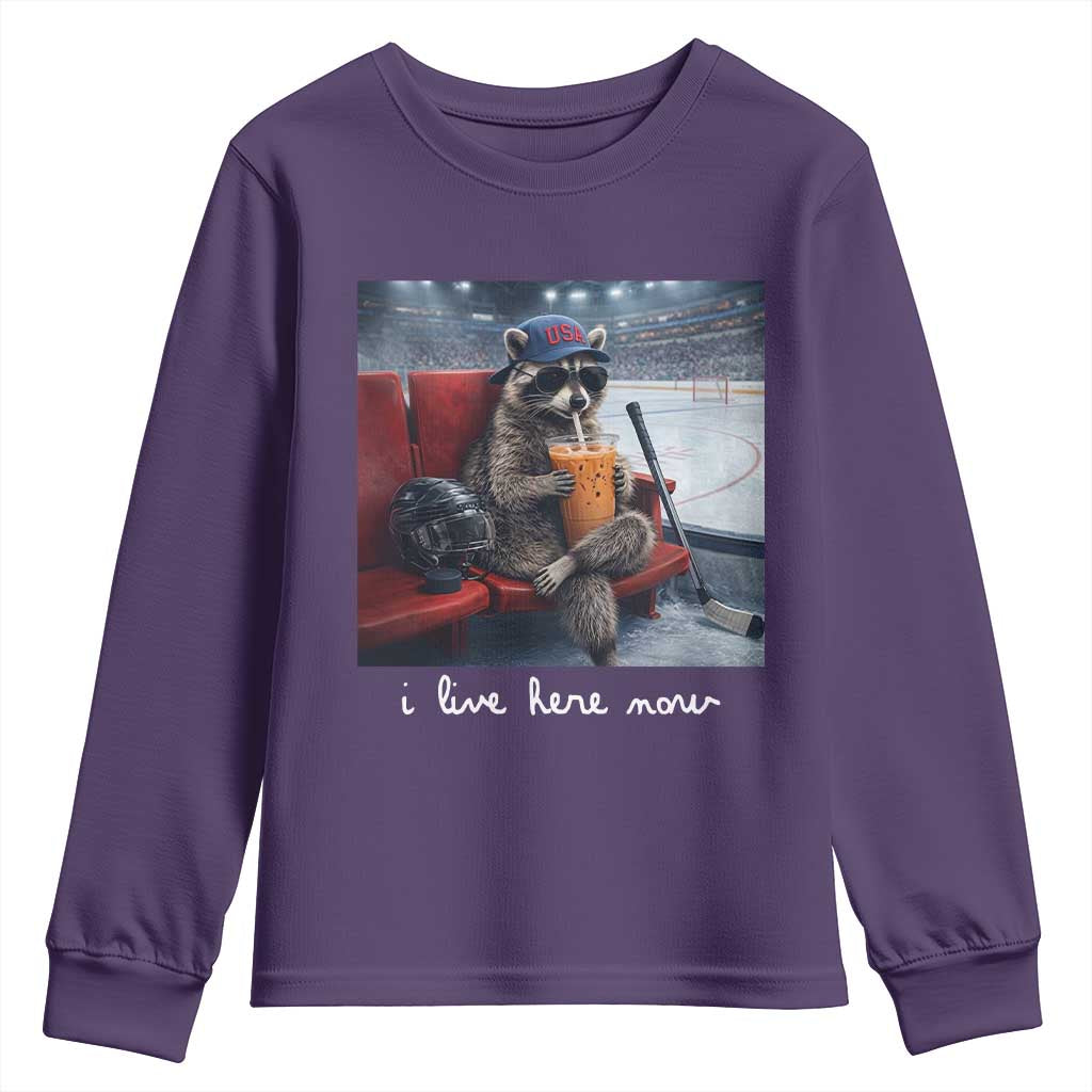 Hockey Mom Raccoon Iced Coffee Youth Sweatshirt I Live Here Now TS14 Purple Print Your Wear