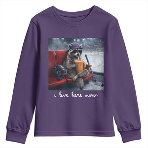 Hockey Mom Raccoon Iced Coffee Youth Sweatshirt I Live Here Now TS14 Purple Print Your Wear