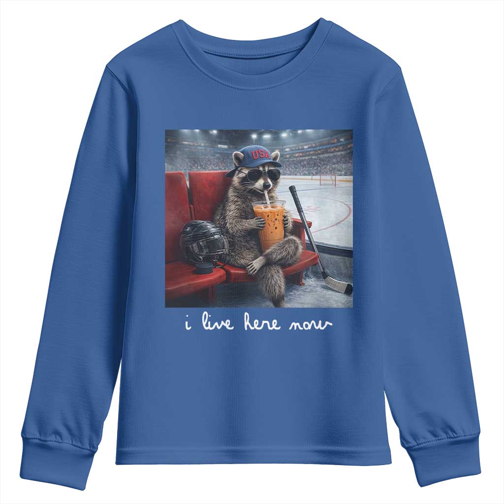 Hockey Mom Raccoon Iced Coffee Youth Sweatshirt I Live Here Now TS14 Royal Blue Print Your Wear