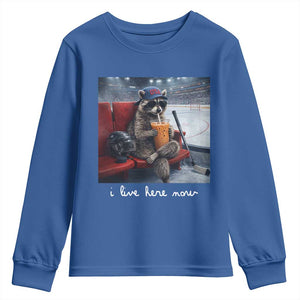 Hockey Mom Raccoon Iced Coffee Youth Sweatshirt I Live Here Now TS14 Royal Blue Print Your Wear