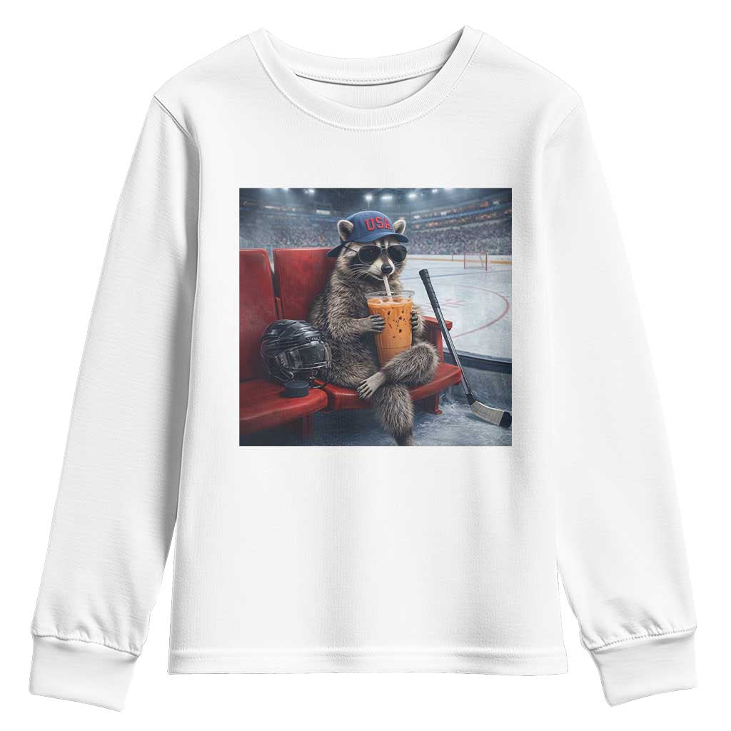 Hockey Mom Raccoon Iced Coffee Youth Sweatshirt I Live Here Now TS14 White Print Your Wear
