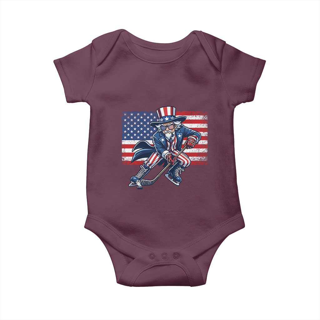 Uncle Sam Hockey Player 4th of July American Flag Baby Onesie TS14 Maroon Print Your Wear