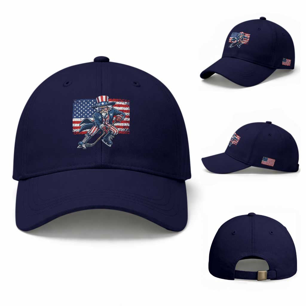 Uncle Sam Hockey Player 4th of July American Flag Baseball Cap TS14 Baseball Cap Universal Fit Dark Blue Print Your Wear