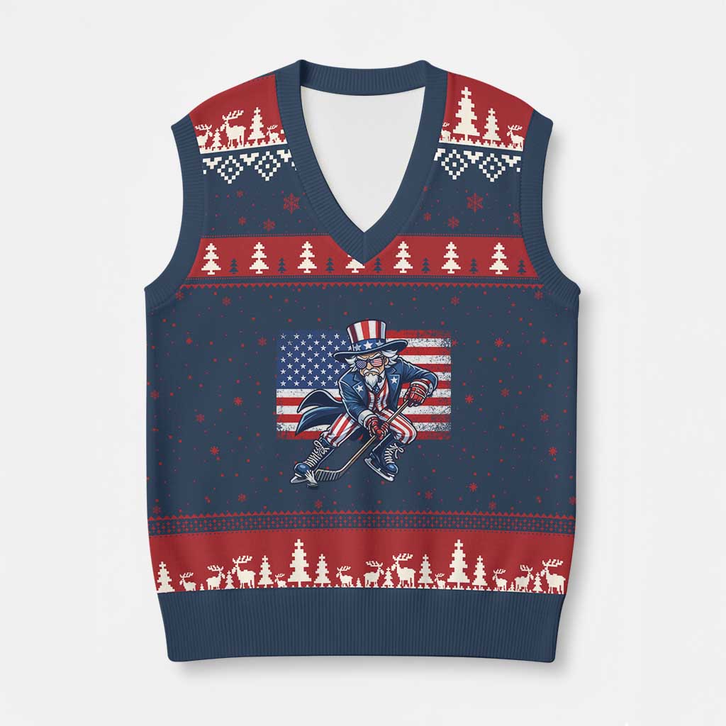Uncle Sam Hockey Player 4th of July American Flag V-Neck Knit Sweater Vest TS14 Navy Red Print Your Wear