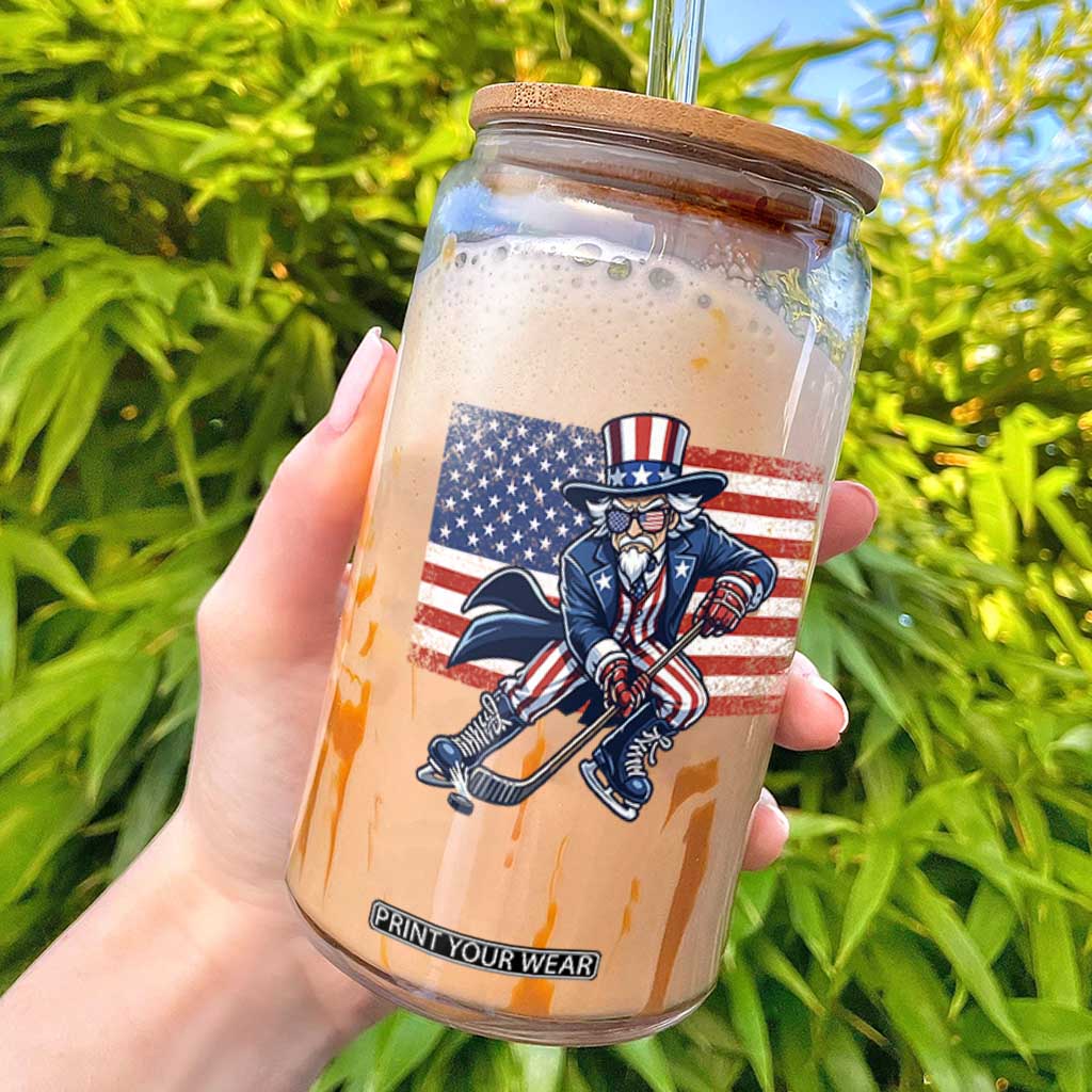 Uncle Sam Hockey Player 4th of July American Flag Glass Can TS14 Black Print Your Wear