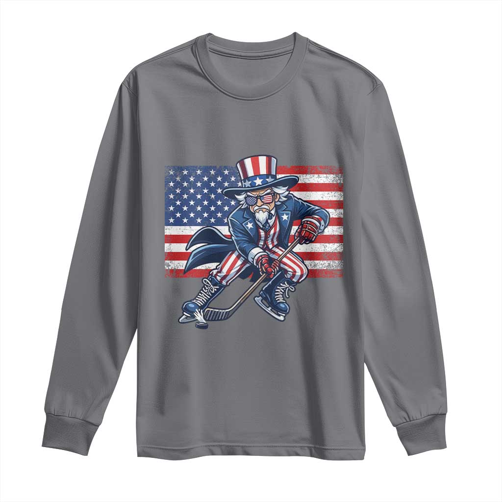 Uncle Sam Hockey Player 4th of July American Flag Long Sleeve Shirt TS14 Charcoal Print Your Wear