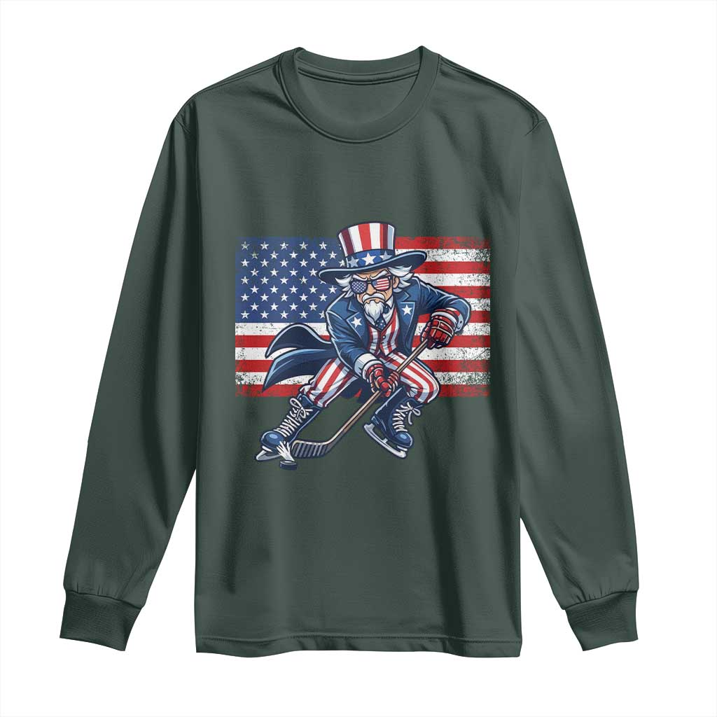 Uncle Sam Hockey Player 4th of July American Flag Long Sleeve Shirt TS14 Dark Forest Green Print Your Wear