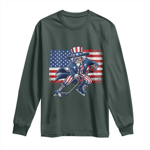 Uncle Sam Hockey Player 4th of July American Flag Long Sleeve Shirt TS14 Dark Forest Green Print Your Wear