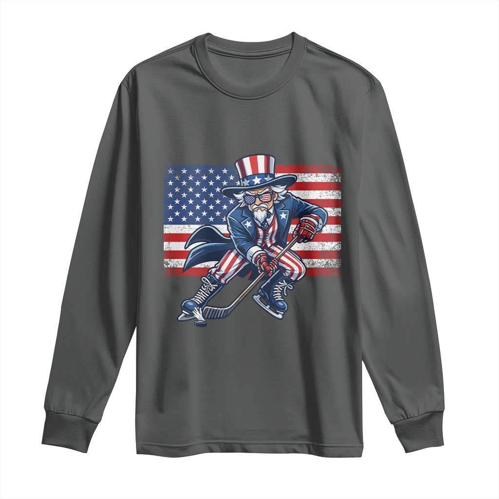 Uncle Sam Hockey Player 4th of July American Flag Long Sleeve Shirt TS14 Dark Heather Print Your Wear