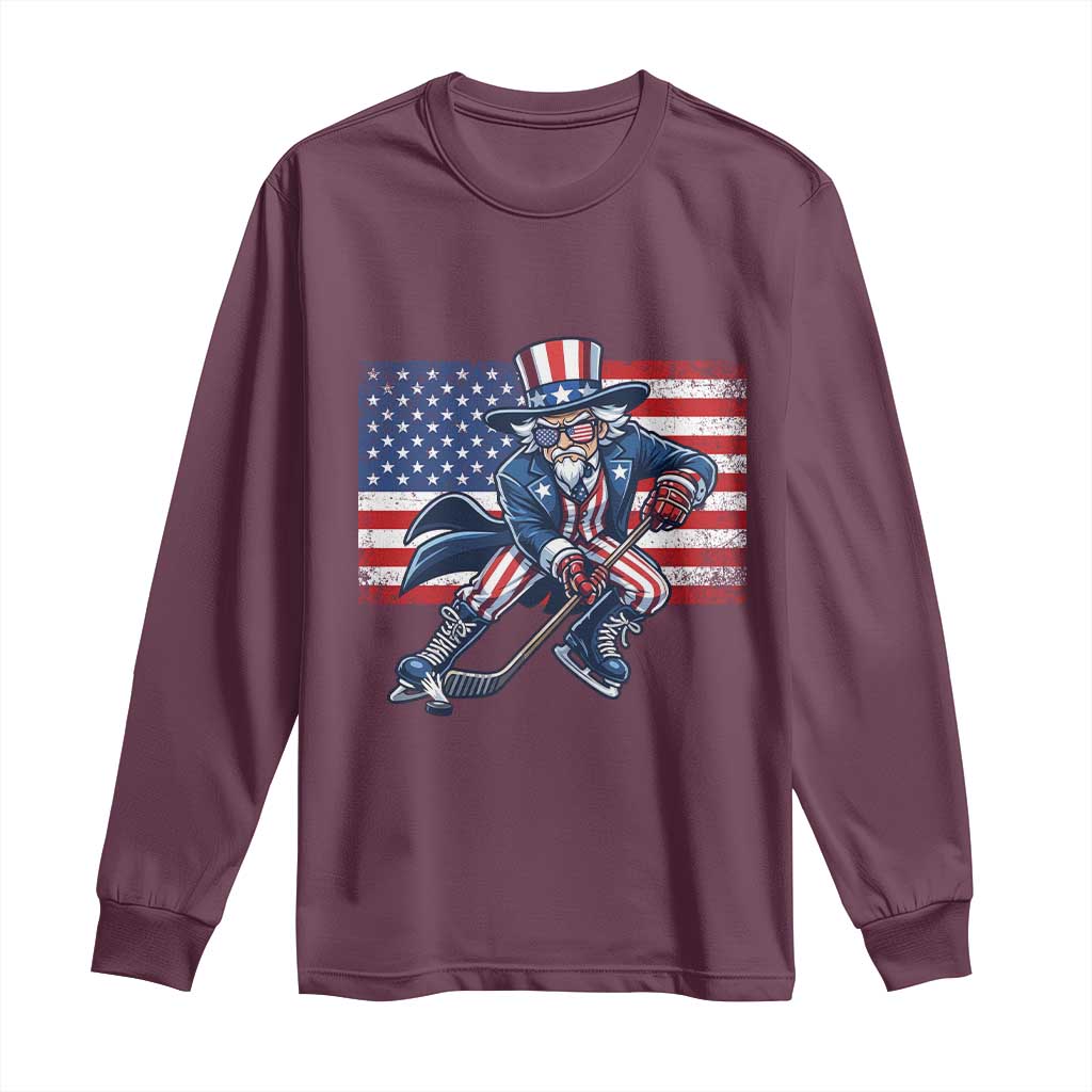 Uncle Sam Hockey Player 4th of July American Flag Long Sleeve Shirt TS14 Maroon Print Your Wear
