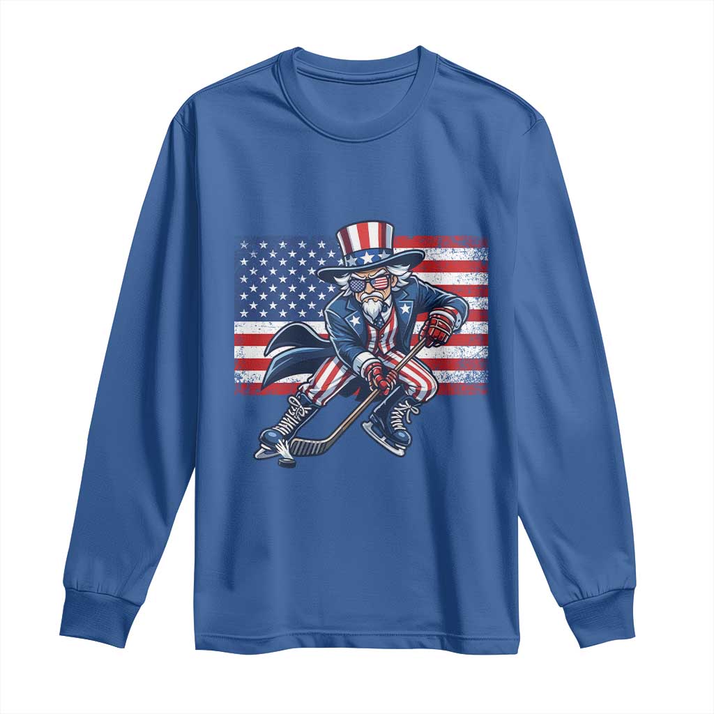 Uncle Sam Hockey Player 4th of July American Flag Long Sleeve Shirt TS14 Royal Blue Print Your Wear