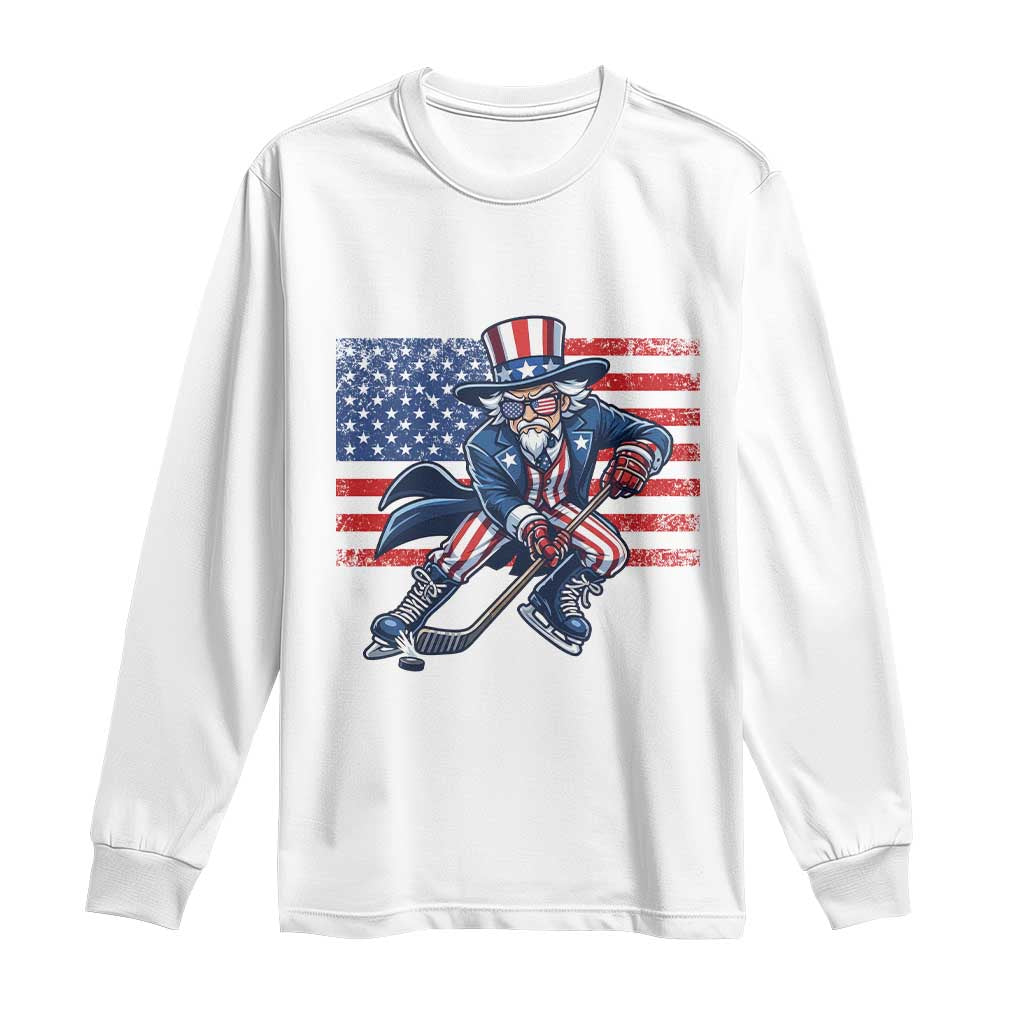 Uncle Sam Hockey Player 4th of July American Flag Long Sleeve Shirt TS14 White Print Your Wear