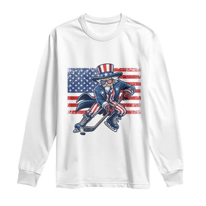 Uncle Sam Hockey Player 4th of July American Flag Long Sleeve Shirt TS14 White Print Your Wear