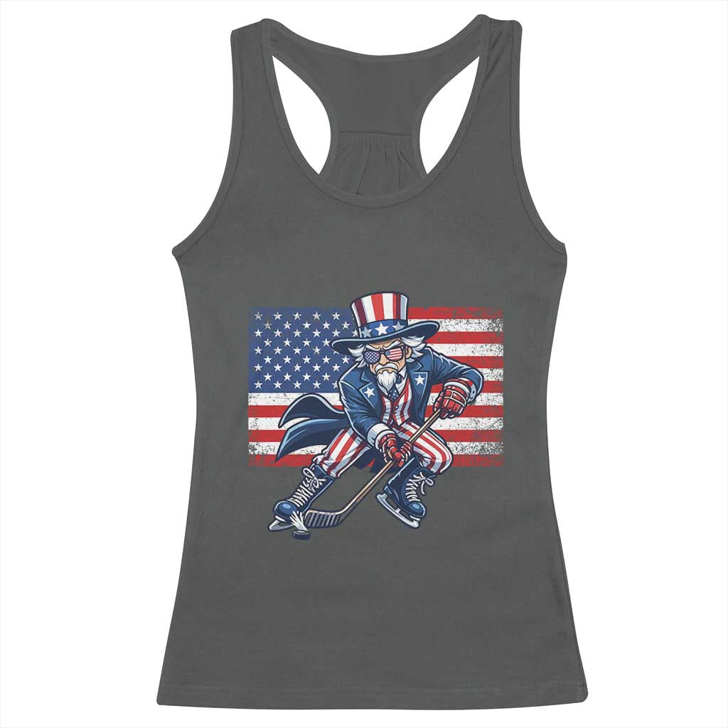 Uncle Sam Hockey Player 4th of July American Flag Racerback Tank Top TS14 Dark Heather Print Your Wear