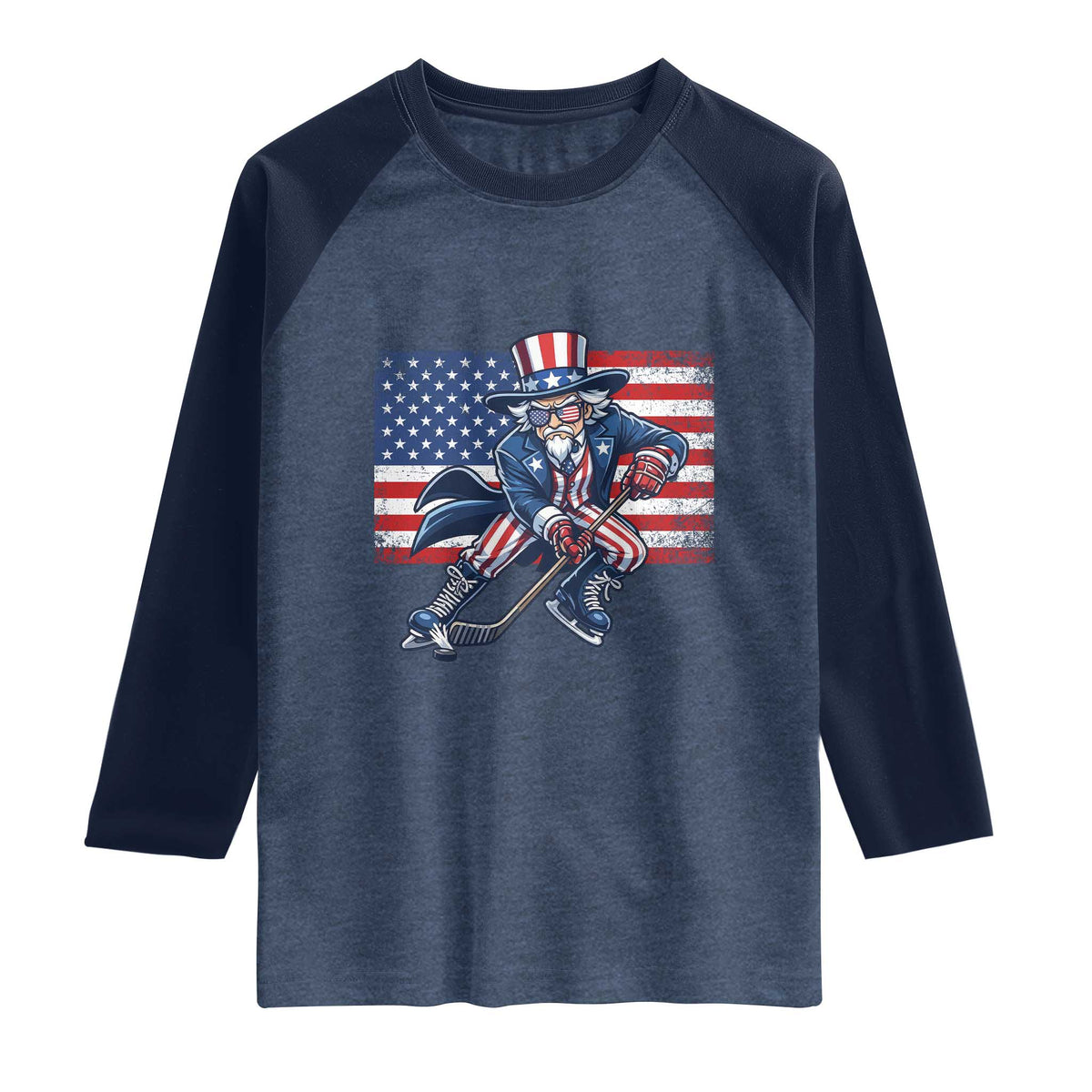 Uncle Sam Hockey Player 4th of July American Flag Raglan Shirt TS14 Heather Denim Navy Print Your Wear
