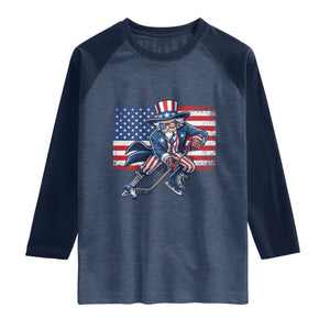Uncle Sam Hockey Player 4th of July American Flag Raglan Shirt TS14 Heather Denim Navy Print Your Wear