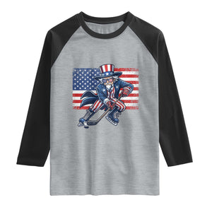 Uncle Sam Hockey Player 4th of July American Flag Raglan Shirt TS14 Heather Gray Black Print Your Wear