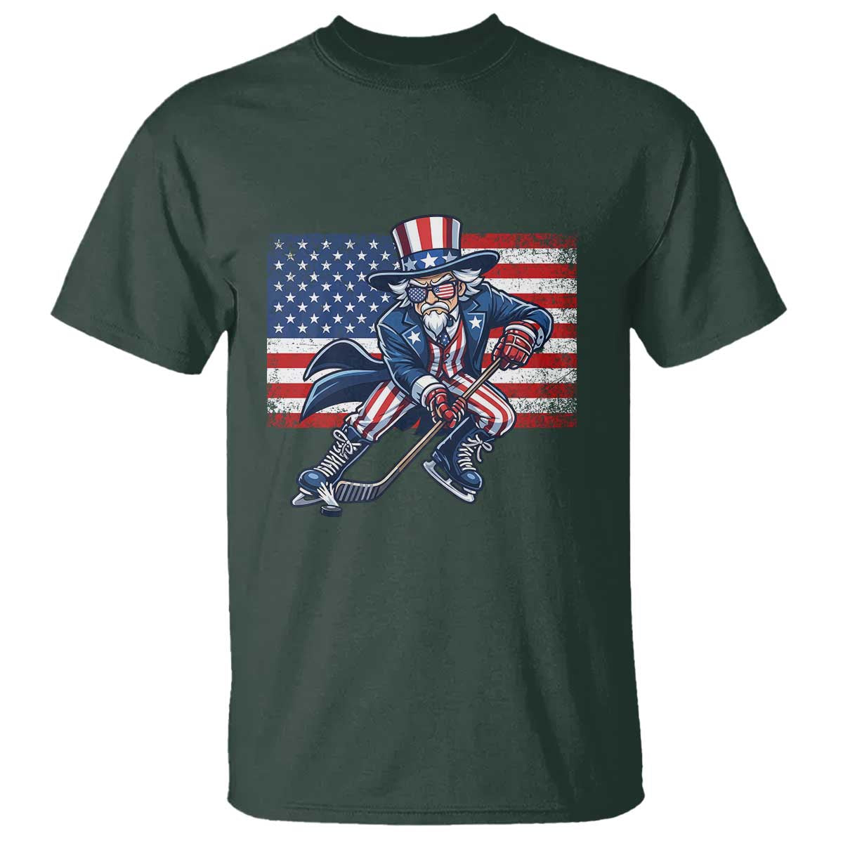 Uncle Sam Hockey Player 4th of July American Flag T Shirt TS14 Dark Forest Green Print Your Wear