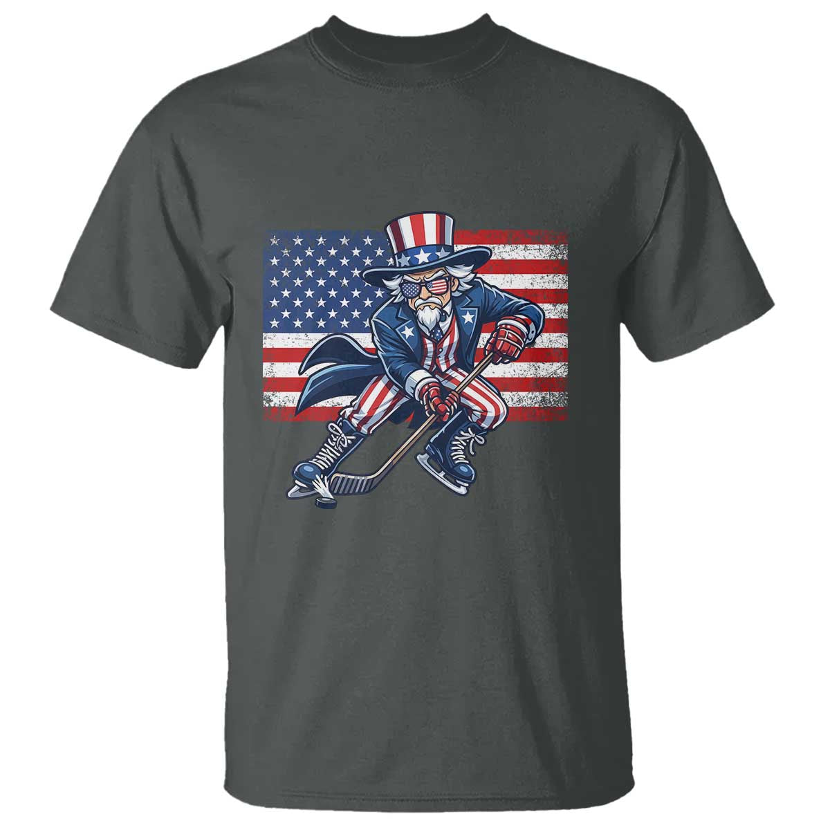 Uncle Sam Hockey Player 4th of July American Flag T Shirt TS14 Dark Heather Print Your Wear