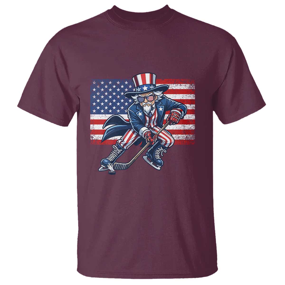 Uncle Sam Hockey Player 4th of July American Flag T Shirt TS14 Maroon Print Your Wear