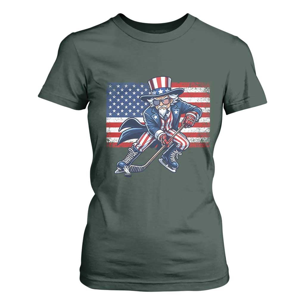 Uncle Sam Hockey Player 4th of July American Flag T Shirt For Women TS14 Dark Forest Green Print Your Wear