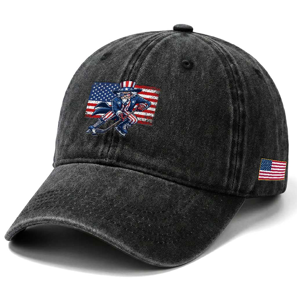 Uncle Sam Hockey Player 4th of July American Flag Washed Cotton Baseball Cap TS14 Print Your Wear