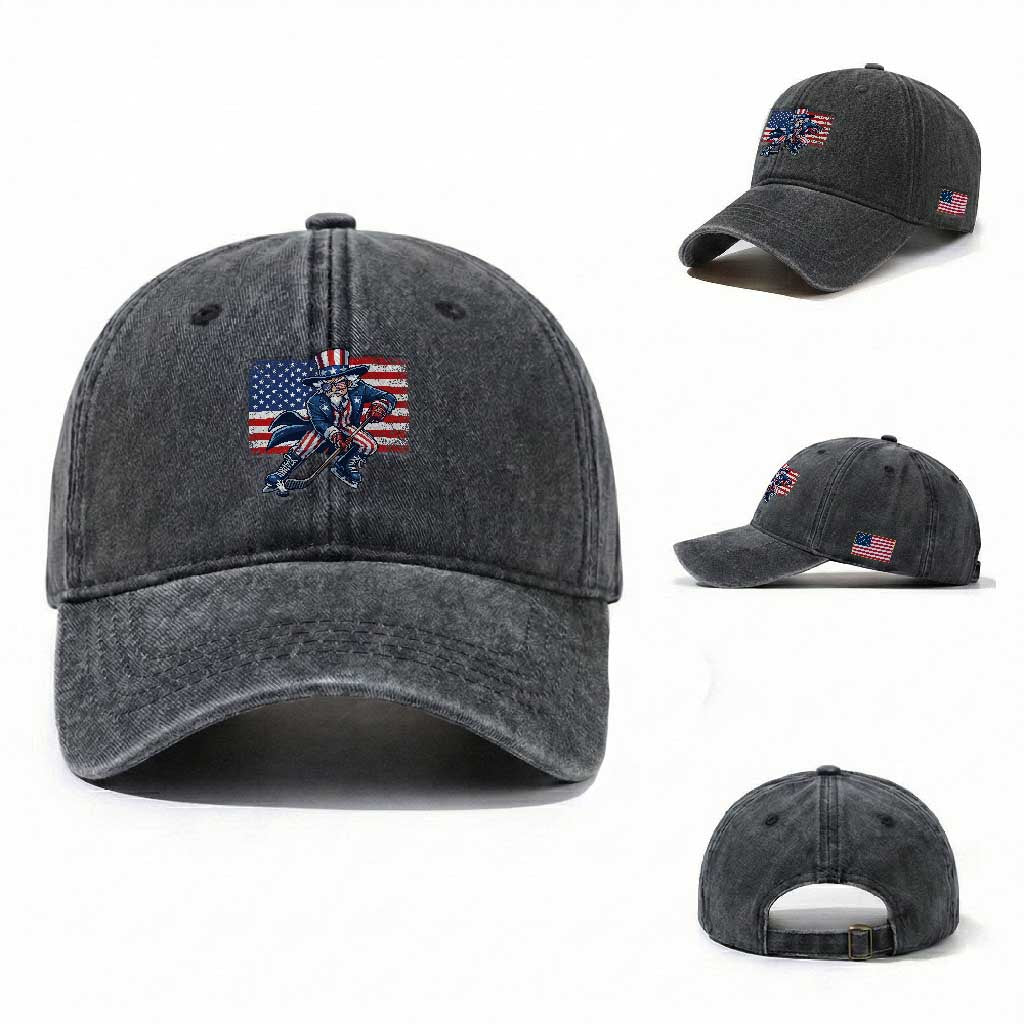 Uncle Sam Hockey Player 4th of July American Flag Washed Cotton Baseball Cap TS14 Washed Cap Universal Fit Dark Gray Print Your Wear