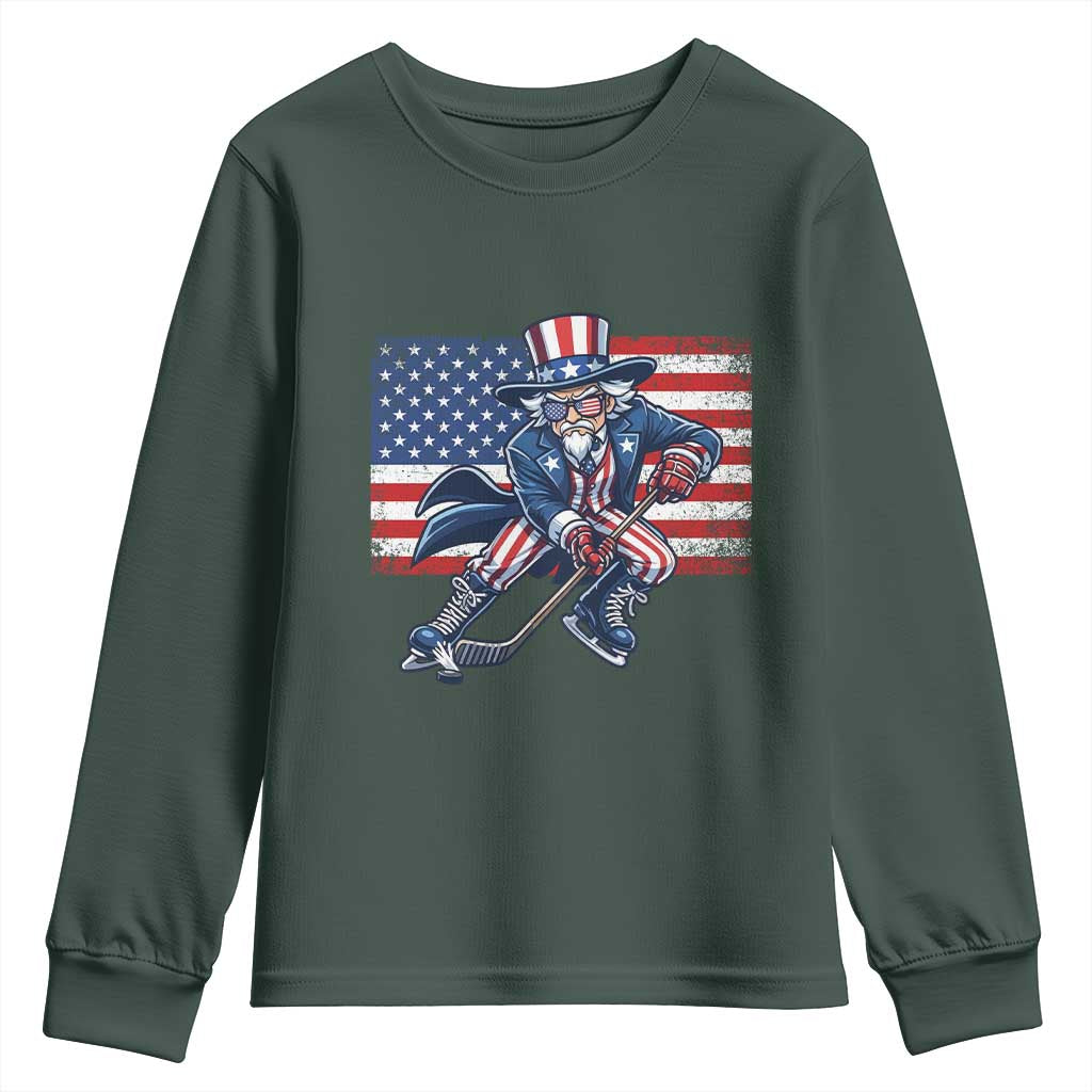 Uncle Sam Hockey Player 4th of July American Flag Youth Sweatshirt TS14 Dark Forest Green Print Your Wear
