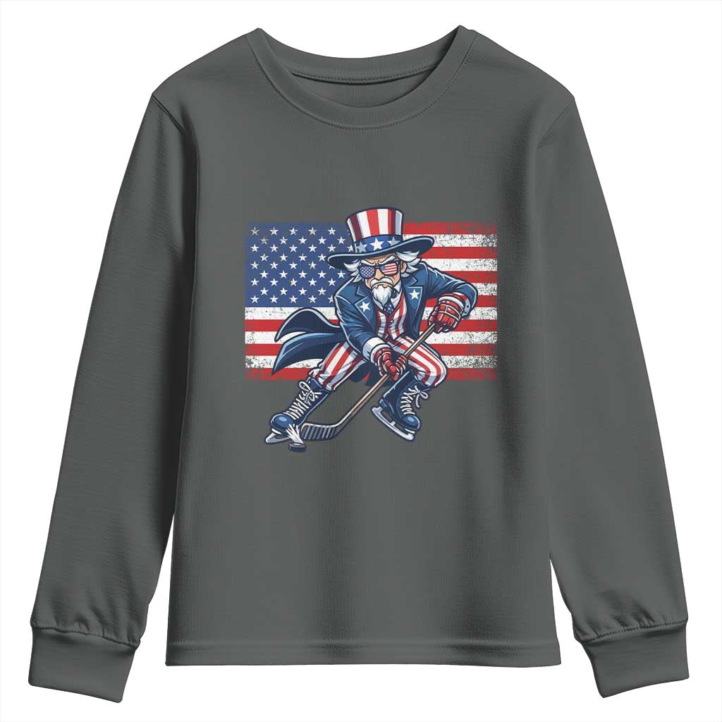 Uncle Sam Hockey Player 4th of July American Flag Youth Sweatshirt TS14 Dark Heather Print Your Wear