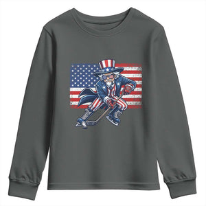 Uncle Sam Hockey Player 4th of July American Flag Youth Sweatshirt TS14 Dark Heather Print Your Wear