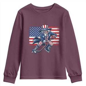 Uncle Sam Hockey Player 4th of July American Flag Youth Sweatshirt TS14 Maroon Print Your Wear