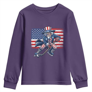 Uncle Sam Hockey Player 4th of July American Flag Youth Sweatshirt TS14 Purple Print Your Wear