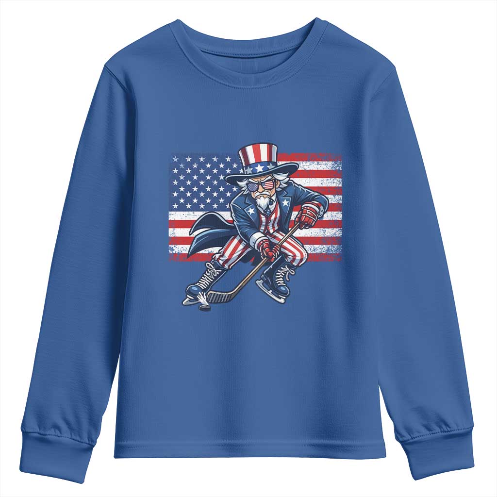 Uncle Sam Hockey Player 4th of July American Flag Youth Sweatshirt TS14 Royal Blue Print Your Wear