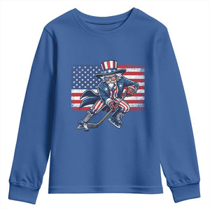 Uncle Sam Hockey Player 4th of July American Flag Youth Sweatshirt TS14 Royal Blue Print Your Wear