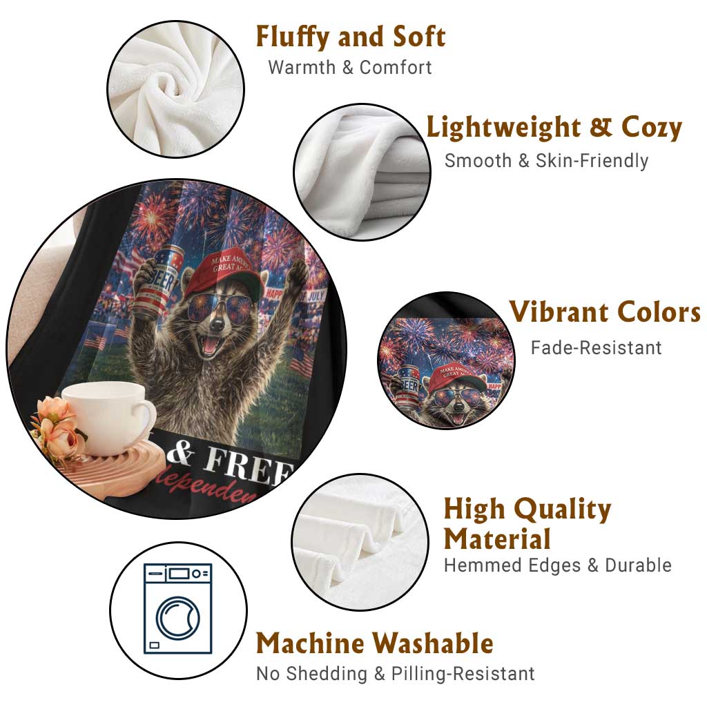 USA 250 Years Freedom Throw Blanket Feral and Free Funny Raccoon Driking Beer 4th of July TS14 Print Your Wear
