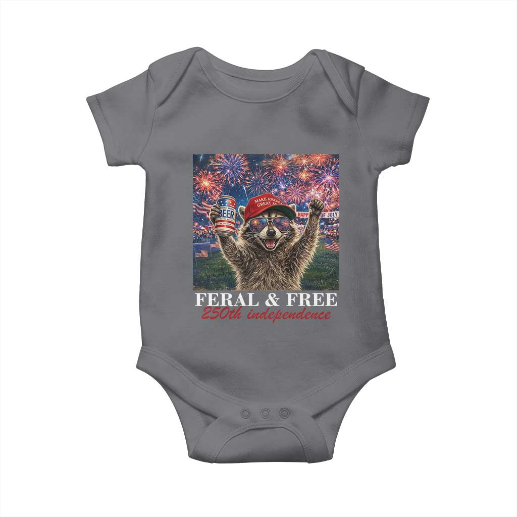 USA 250 Years Freedom Baby Onesie Feral and Free Funny Raccoon Driking Beer 4th of July TS14 Charcoal Print Your Wear